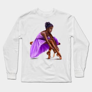 ballerina getting ready, lacing her ballet shoes - brown skin ballerina Long Sleeve T-Shirt